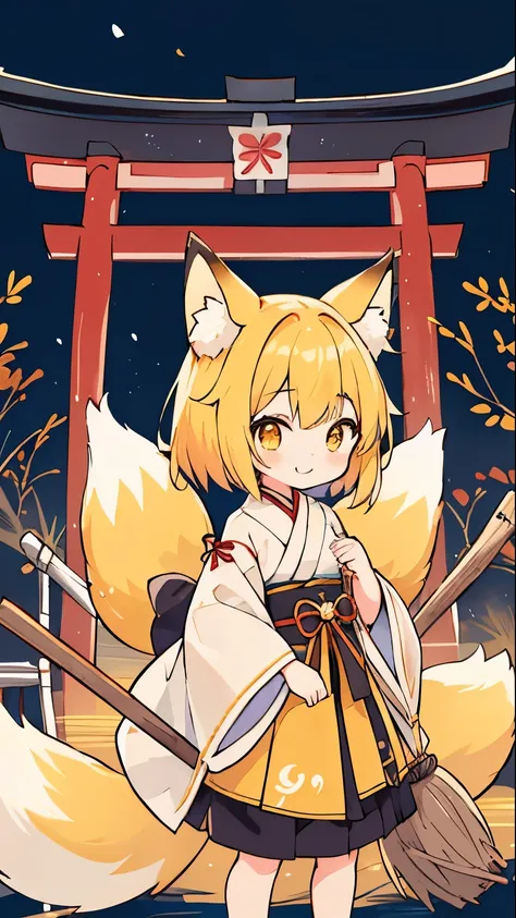 one girls。Cute little girl s。Yellow hair。short-hair。yellow fox ears。yellow fox tail。A slight smil。see the beholder。Japan priestess costume。hold a long broom with both hands。The background is a shrine of Japan。