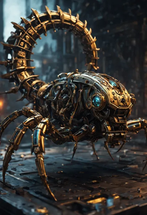 Intricate and detailed streampunk clockwork mechanical scorpion with tail, (intricate mech details, ground level shot, polished metal, sci-fi, futuristic, Photorealistic, Cinematic, Hyperrealistic, hyperdetailed, splash art, intricately detailed, color dep...