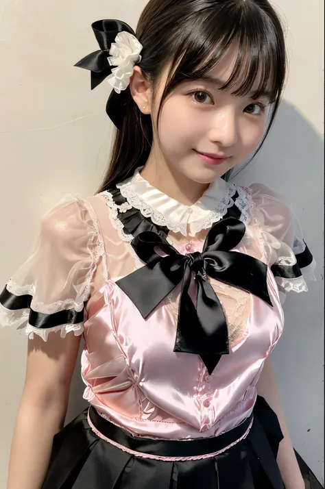 ulzzang -6500-v1.1, (Raw photo:1.2), (Photorealsitic), a beautiful detailed girl, (Real: 1.4), ighly detailedな目と顔, beatiful detailed eyes, lolita fashion women, ((Pink blouse with black ruffled lace、Black Ribbon Tie、Black Flare Mini Skirt、Moe Pose:1.3)), S...