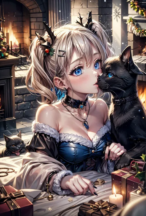 absurderes, ultra-detailliert,bright colour, Short hair,Blonde hair with fluffy short twintails:1.2)Shiny hair,(gothic lorita:1.5),(Celebrate Christmas in a room with a fireplace:1.2),(Kiss Face:1.3),(Christmas tree),Christmas Decorations,(Illuminated ligh...