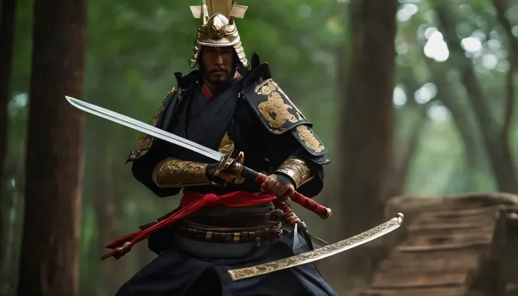 (((Um samurai carregando duas espadas na cintura))), olhar penetrante, Wear a bamboo hat, Detalhe Face, jovem, extremamente detalhado, em plano geral, estilo de anime, Colorir, tmasterpiece, 8k