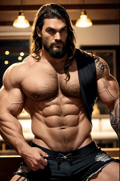 Homem tatuado, cabelos longos, corpo gigantesco, musculos grandes, abidominais cortados, peitoral imenso, biceps imensos, barbudo, barba preta, Jason momoa, olhos azuis, Jason momoa como conan, jason momoa, muito forte, zeus robusto, sons of anarchy, roque...