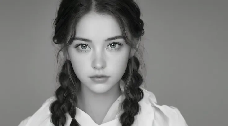 ((Masterpiece, Superb, Super Detailed, High Resolution)), solo, beautiful girl RUSSIAN CHILD IN BRAIDS , bright eyes, perfect eyes, 15 years, black and white gold theme,