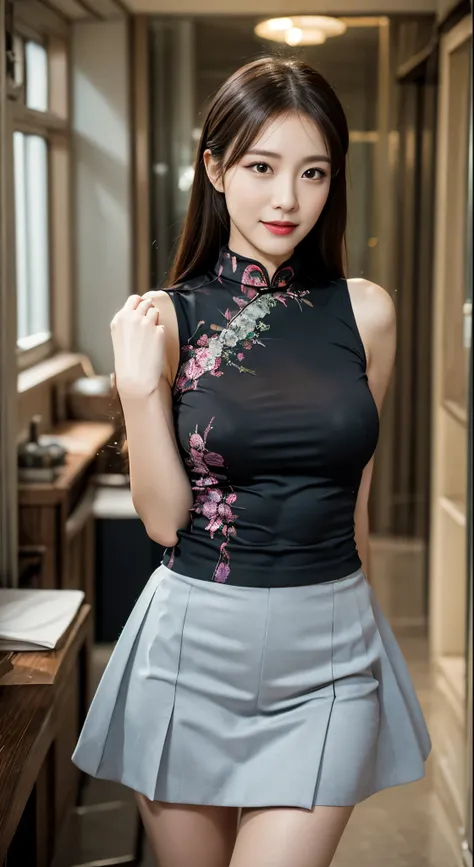 of the highest quality, One beautiful woman, Wearing a cheongsam, a miniskirt、35mm lens, F/1, Cowboy Shot、half smile、Colossal tits、off shoulders:1.3、full body Esbian、s ass