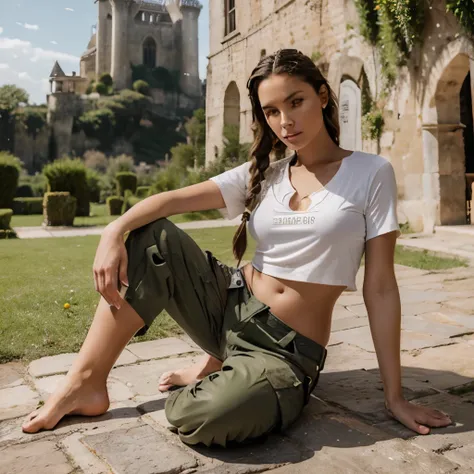 Obra maestra, 8k, fotorrealista, pautrain with crop shirt, pelo largo con dos trenzas frente a un castillo, piel cubierta de sudor, long cargo pants, barefoot, full body view