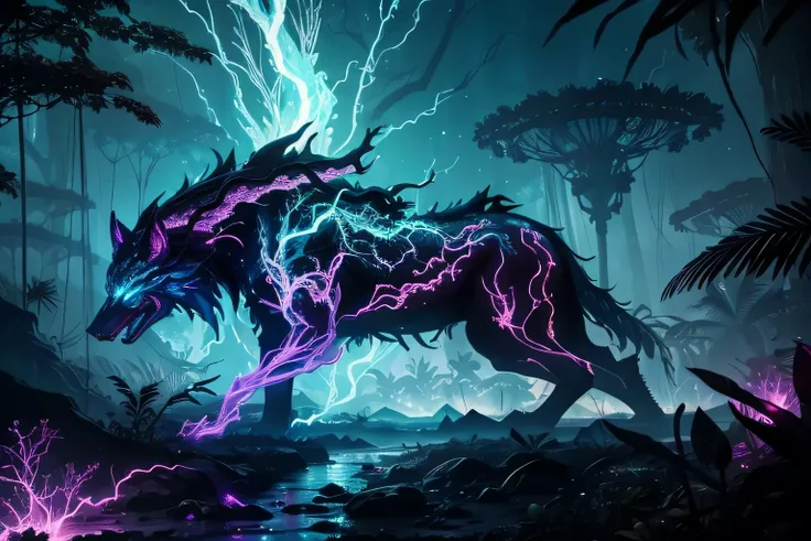 Fantasy jungle landscape background with intricate details, insanely details, Neuron Wolf with Glowing Fog, Glowing magenta eyes, neuron properties, concept-art, cyan white and blue, high high quality, Best quality, very good quality, Hyper Real, golden ag...