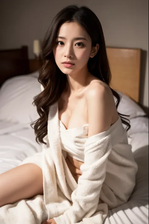 ulzzang -6500-v1.1, (Raw photo:1.2), (Photorealsitic), beautiful detailed women, (Real: 1.4), ighly detailedな目と顔, beatiful detailed eyes , ((Wrapping a towel around your body:1.2)),  sitting on a bed、Hold your chest with your hands、game_nffsw, huge filesiz...