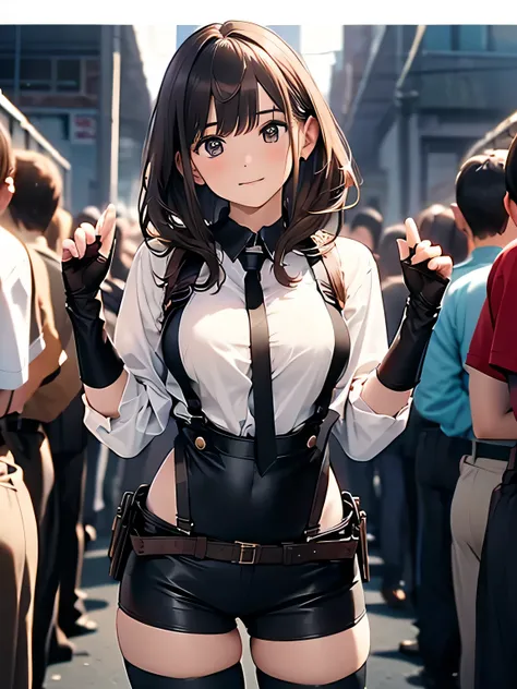 Brown hair、watching at viewers　　　black suspenders　　　bulging big tits　　 　 　　　walls: 　　　　　　Gaze　　　a small face　bangss 　　　holster　　　Beautuful Women　　Hands up　　レッグholster ベッドに横たわる　　Gaze 　black boots panty shot　Provocation　flank　flank汗　Single hand gloves　arms a...