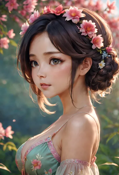 皮克斯ventania格，Cute girl with a flower in her hair，sideface, extremely detaild的 CG unified 8k wallpapers, Amazing Cleavage, finely detailled, Alone, {{Fluttering}, }, {{SakuraNS}, }, Outdoor activities, Skysky, {{ventania}, }, detailedbackground, 美丽细致的眼睛, Me...