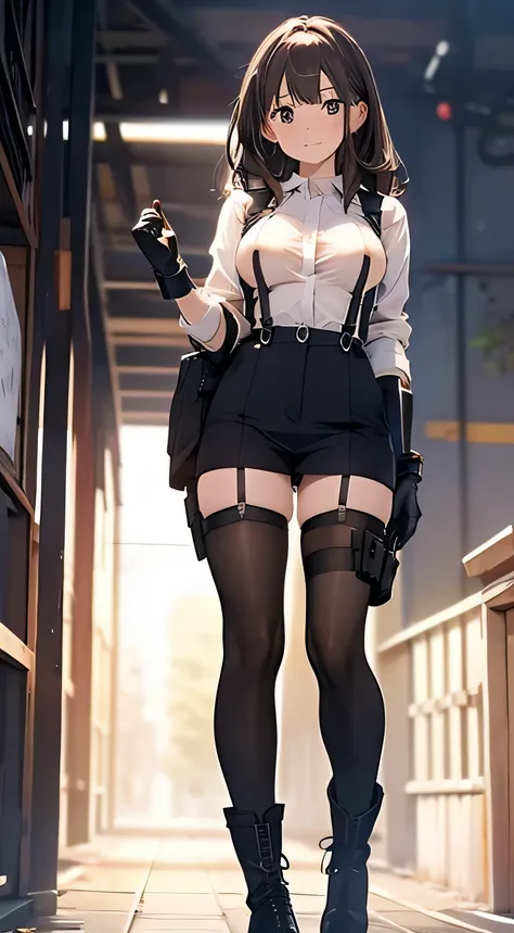 Brown hair、watching at viewers　　　black suspenders　　　bulging big tits　　 　 　　　walls: 　　　　　　Gaze　　　a small face　bangss 　　　holster　　　Beautuful Women　　Hands up　　レッグholster ベッドに横たわる　　Gaze 　black boots panty shot　Provocation　flank　flank汗　Single hand gloves　arms a...