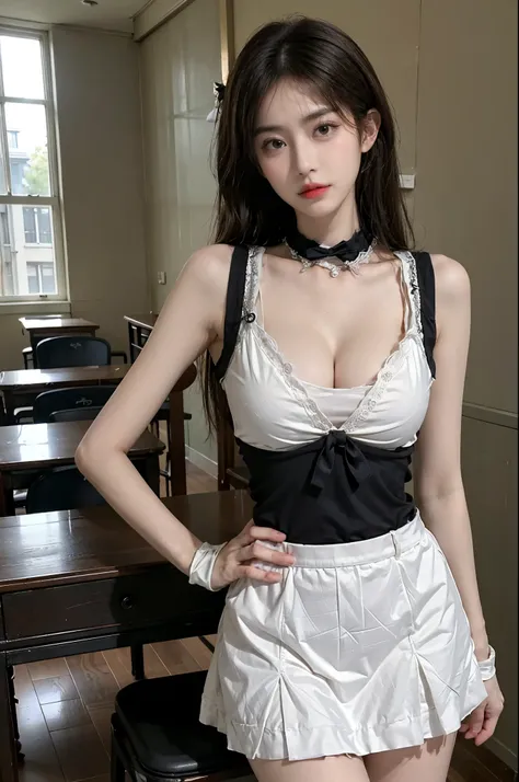 Special clothes39,maid, Best quality,ultra - detailed,actual,A high resolution,sporty attire,Big breasts are beautiful的女人, ‎Classroom, classroom desk, 坐在classroom desk上,suns rays,Big breasts are beautiful,Exquisite,Amazing Cleavage,