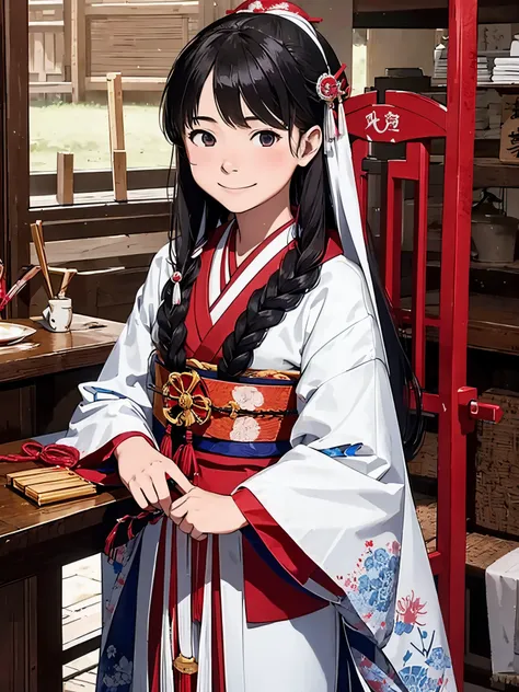 Costume of the Ryukyu Kingdom,16yo girl,length hair,shrine maiden,has an iron fan,a smile,hashikuji mayoi,