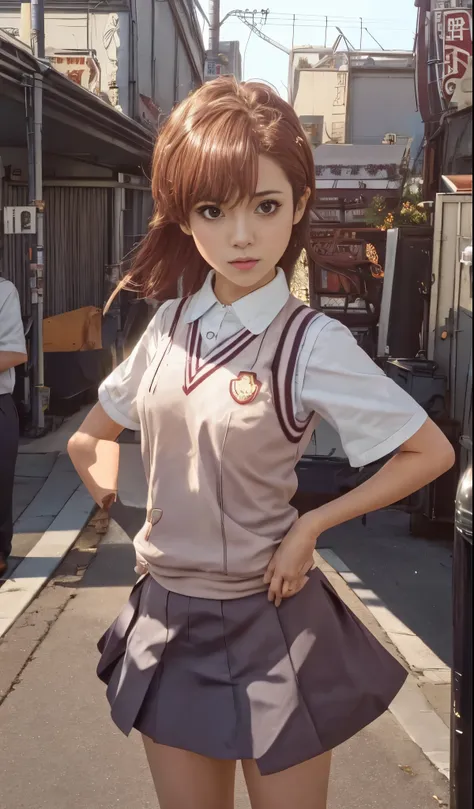 anime girl in school uniform standing on a city street, kantai collection style, anime visual of a cute girl, railgun, makoto sh...