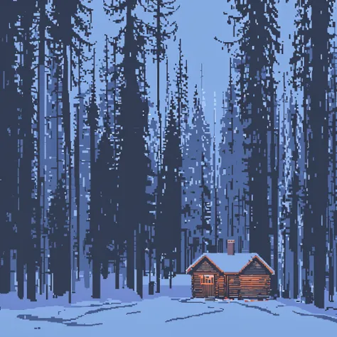 pixelart， buliding， 1 buliding，cabin in the coniferous forest，the cold light of the cabin，the scene，snowy night，flashlight expos...