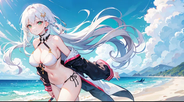 white haired young woman, 25 years old,  body, golden eyes, long-haired,Green braid tied in bows left and right.........Big breasts..,, Wear a white bikini top......large white chest, Walking on the beach with whales in the background A slightly smiling fa...