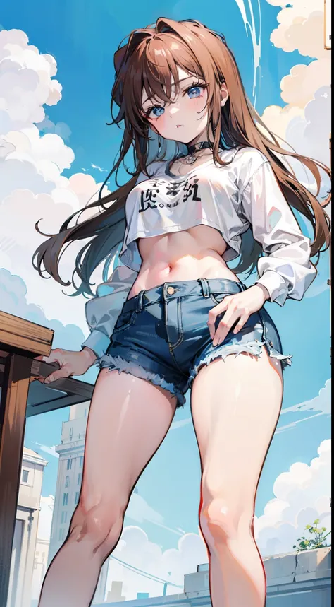 Kaihara，brown  hair，Superbly detailed eyeob cut，
jewely，White yoga crop top，white yoga tight shorts，hands on the chest，ssee-through，looking at viewert，hair adornments，choker necklace，is shy，
（tmasterpiece，quality，最佳quality，offcial art，Beauty and aesthetics...