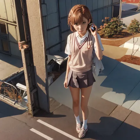 anime girl in school uniform talking on cell phone on a city street, makoto shinkai. digital render, makoto shinkai style, in style of kyoto animation, kyoto animation still, anime visual of a cute girl, railgun, makoto shinkai art style, kyoto animation k...