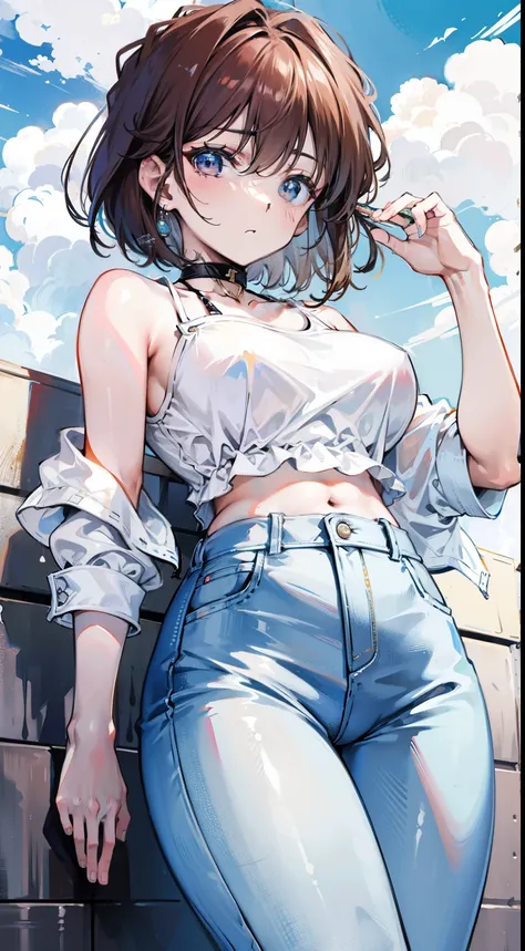 Kaihara，brown  hair，Superbly detailed eyeob cut，
jewely，White yoga crop top，white yoga tight shorts，hands on the chest，ssee-through，looking at viewert，hair adornments，choker necklace，is shy，
（tmasterpiece，quality，最佳quality，offcial art，Beauty and aesthetics...