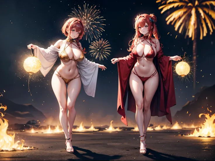 Visualize an eruption of fiery 3D fireworks, leaving behind fractal embers that linger in the air, representing the enduring glow of memories from the previous year 2023, enormous tits, (full body:1.5)