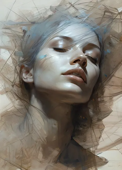 a painting of a woman with her eyes closed and her head tilted, by Grzegorz Domaradzki, intricate wlop, by Grzegorz Rutkowski, by Shen Zhou, wlop |, wlop and andrei riabovitchev, by Eugeniusz Zak, wlop jeremy lipkin, by Raymond Han, digital art