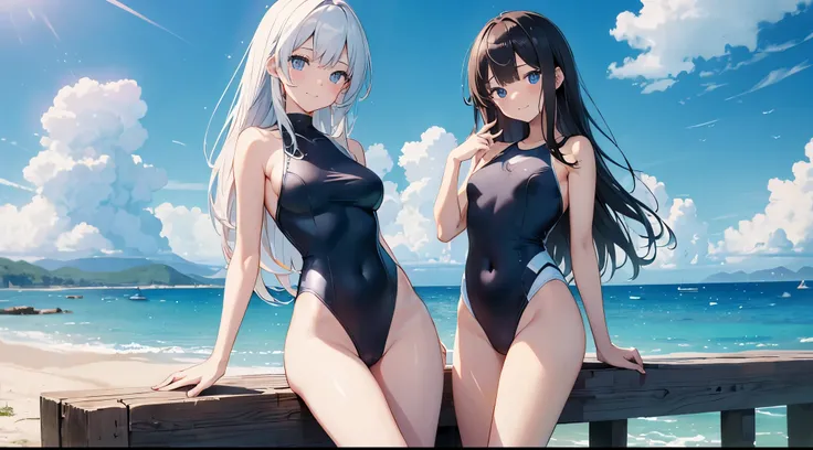 ((4ｋ、8ｋ、top-quality、Perfect Finger：1.3、Perfect Anatomy：1.3、Blur the background))、two people、((a junior high school student、14years、Small breasts、Cute droopy eyes))、a smile、（onepiece swimsuit）、Angle where the whole body is depicted、、blue-sky、White sandy bea...