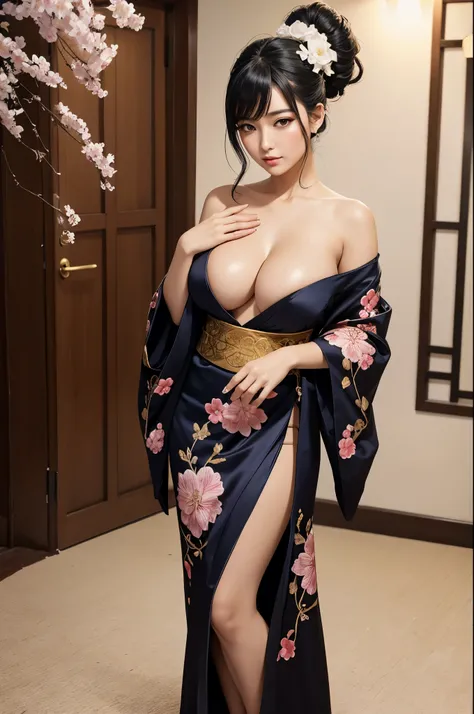 gorgeous oriental woman, silky black hair in an elaborate hairstyle, elegant embroidered kimono, sakura flower embroidery, gold details, full body shot, cleavage, bare shoulders, standing, large breasts,