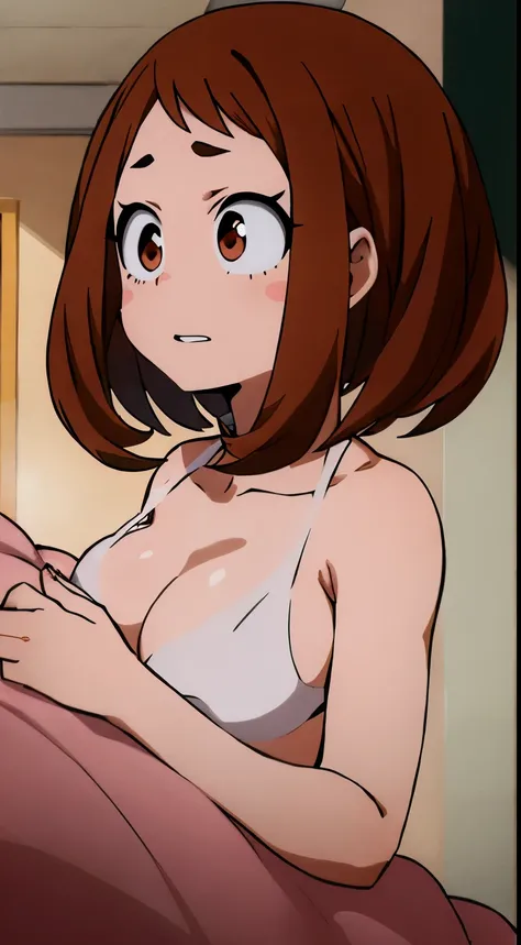 Uraraka Ochako、A room in a hotel、Sleeping in bed、Tempting、ssex、The areol、pubick hair、barechested、Full nipple visible、Milk、erectile nipple、Full visible、pubick hair丸見え、