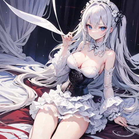 Best Picture Quality，The is very detailed，Body and facial contours:1.2）rainy days，Wear white corset straps，White lace erotic，Pouting，Anime manga girl ，Weakness of the body，a slender waist，Thin leg，Bedrooms，Side head，