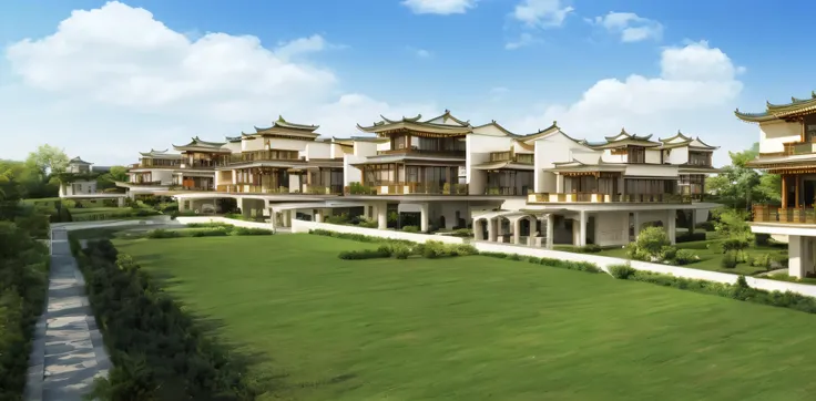 Add Chinese style roofs to these buildings. tmasterpiece, Best quality, The overall style must be coordinated and unified. The picture effect must be exquisite and beautiful.