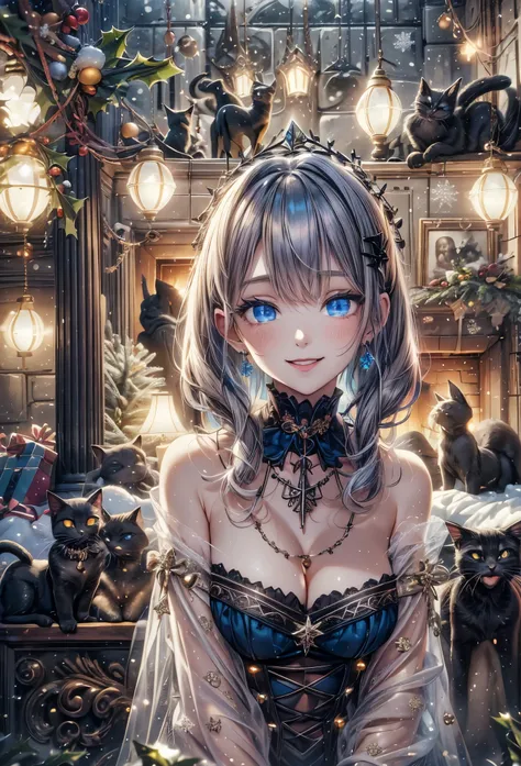 absurderes, ultra-detailliert,bright colour, Short hair,Blonde hair with fluffy short twintails:1.2)Shiny hair,(gothic lorita:1.5),(Celebrate Christmas in a room with a fireplace:1.2),(Impatient smile:1.3),(Christmas tree),Christmas Decorations,(Illuminate...