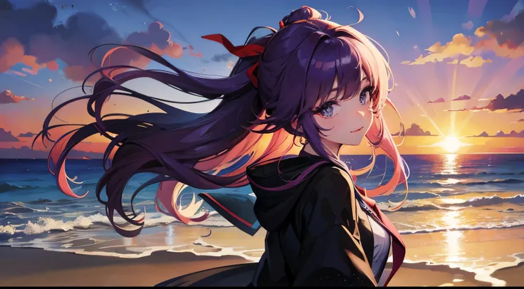 Purple colored hair，Purple colored hair，the sunset，sandbeach，beachside，Ultra-clear resolution