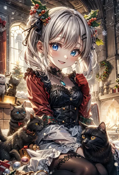 absurderes, ultra-detailliert,bright colour, Short hair,Blonde hair with fluffy short twintails:1.2)Shiny hair,(gothic lorita:1.5),(Celebrate Christmas in a room with a fireplace:1.2),(Impatient smile:1.3),(Christmas tree),Christmas Decorations,(Illuminate...