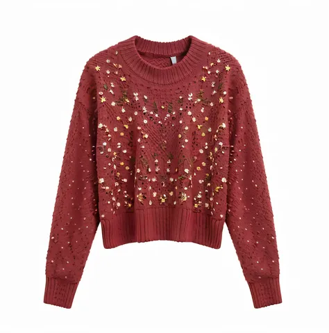 a red sweater with gold Sequins on the shoulders, Sequins装饰, 4 8 0 p, 480p, Sequins, femele, it is set with sparkling gems, Crystal decoration, Retro w 1 0 2 4, shimmer detailed, ornate dark red opulent clothing, 24MP, 2 4 MP, maroon, spark of light, Ember...