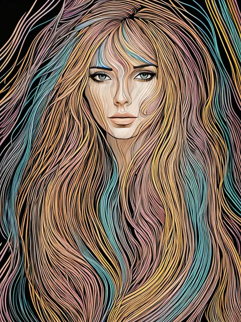 (ColorLineArt:1,7), (Color line:1,7), (color line drawing art), (thin colored lines), (stylized image of a woman&#39;s portrait with thin colored lines), Abstract art, hidden meaning, Hidden image