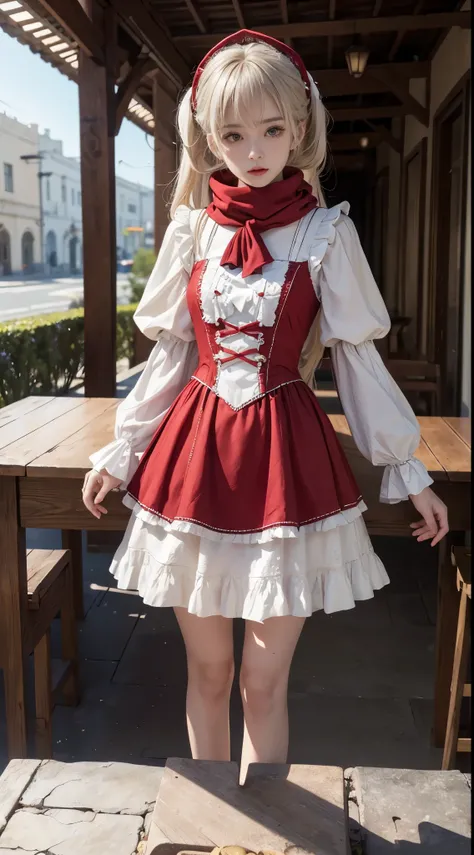 (to the Firmware), 1 woman, 20yr old, 7headed body, (Clear Face), (Ideal body proportions modern old city landscape, ((Lolita costume)), (((Red muFFler))), Wet with, white skinned, slenderness, brunette color hair, long whitr hair, beautiFullegs, small, le...