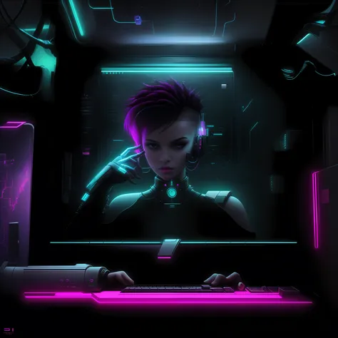 (Masterpiece), ((high quality)), A computer with the image of a futuristic digital woman on screen, looking at the user, looking forward, countenance of who is asking a question, the surrounding environment is a CPD room, in a data center room, room with f...