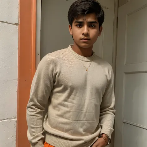 A 11 year pakistani boy in silver shlwar qameez with sweater orange color