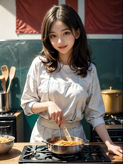 femele、a smile、ren、kawaii、stand in front of the pasta ingredients、image of how to start cooking。italian flag or italian style ba...