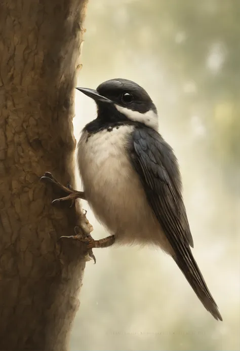 真实感, dark fantasy style, John Tolkien style, Small painting by Jean-Baptiste Monge,      little bird swallow, anatomically correctly drawn body, sitting on an oak branch,  flap of wings, ultra-precisely drawn movement of the wings, Newly hatched chick, ult...