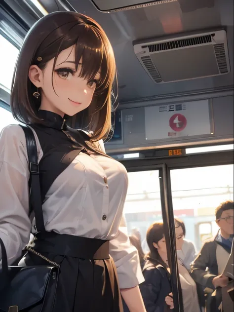 Full Body、1 female、brown haired(Curta)、Top quality rimless glassy brown eyelids、ultra-detailliert、8K resolution、Raw photo、masutepiece、seductive boobs、gorgeous faces、Perfect body、A smile、Trem lotado、Morning rush、Inside a crowded train、