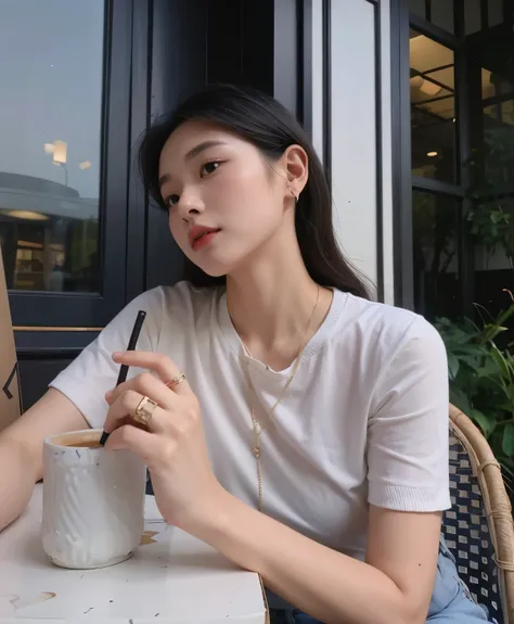 Theres a woman sitting at a table with a cup of coffee., a young asian woman, Peinado blanco de corte hime, Luisa Zhang, Xintong Chen, con el pelo corto, 🤤 girl portrait, Gemma Chen, Wenfei Ye, an asian woman, inspirado por Ma Yuanyu, Lulu Chen, con cara r...