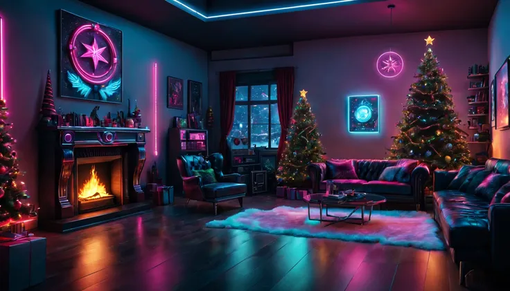 (best quality,4k,8k,highres,masterpiece:1.2),ultra-detailed,(realistic,photorealistic,photo-realistic:1.37),cyberpunk,Christmas-themed,living room,neon lights,punk elements,futuristic furniture,festive decorations,punk Christmas tree,ornaments,glowing,cybe...