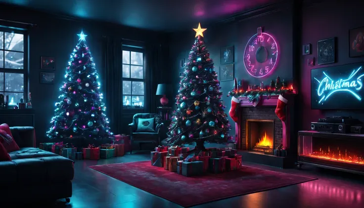 (best quality,4k,8k,highres,masterpiece:1.2),ultra-detailed,(realistic,photorealistic,photo-realistic:1.37),cyberpunk,Christmas-themed,living room,neon lights,punk elements,futuristic furniture,festive decorations,punk Christmas tree,ornaments,glowing,cybe...