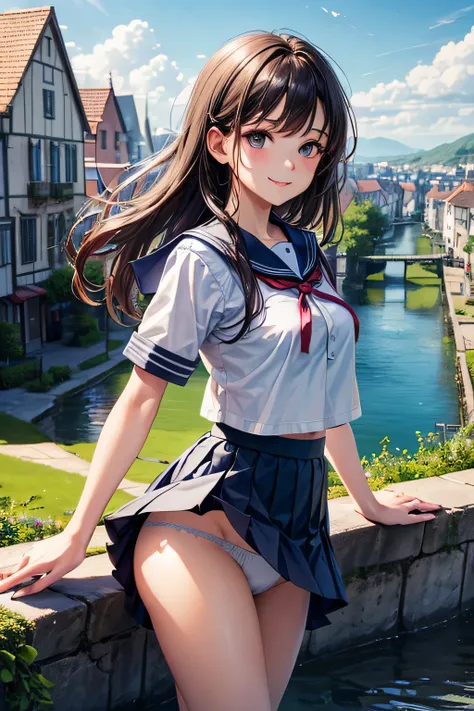 Very cute and beautiful girl,Teen,(very detailed beautiful face and eyes:1.2),Seifuku,Smile,(Navy blue pleated mini skirt),
Cowboy Shot,(Skirt lift,White panties),Dynamic Angle,Looking at Viewer,
many european houses with red roofs,(Town overview:1.2),Narr...