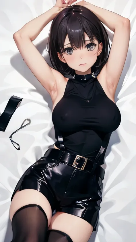 Suit,black shirt with collar,Belt bag,Suspender black hot pants、garterbelts　、knee high　、Shiny stocking rack stockings　、Colorcon armpit sweat　、sweat, Side of both hands,Black tank top,Gaze,Colossal tits,Armpit sweat,Exposing the armpits"Tight clothes、raise ...