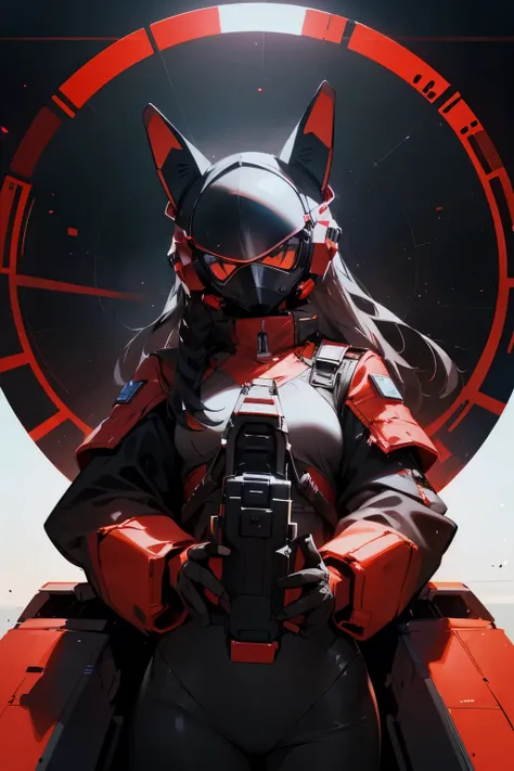 A young woman in a fully armored, black and red space suit sits in a space ship cockpit. Her helmet covers her face completely and has cat ears.