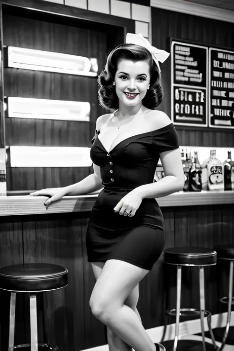 Impressive wartime pin-up girl images, Dressed in retro costumes, Pose gracefully in a nostalgic 1940s bar. Black and white images add a vintage feel to the scene, Capturing the essence of iconic pin-up art and vintage aesthetics of the time.