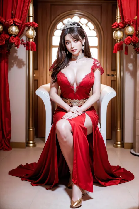 A very beautiful girl,Sexy mature woman,Royal sister temperament,Supermodel temperament,Alone,Phnom Penh Big Red Chinese Wedding Dress,Red wedding dress,Gold and red dragon and phoenix robe,high-heels,Headgear,ear nipple ring,choker necklace,bangle(An extr...