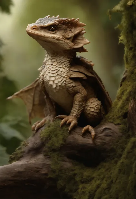 真实感, dark fantasy style, John Tolkien style, Small painting by Jean-Baptiste Monge,      Small hairy carnivorous baby dragon, sitting on an oak branch, A Newly Hatched Dragon, ultra realistic 3d illustration, portrait shot, Realistic paleoart photography, ...