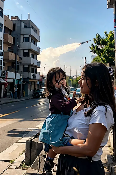 CHILD IN A CITY DESTROYED BY WAR MISSILE FALLING ON HER AND HER MOTHER WITH HER HAND EXTENDED TO PROTECT THE CHILD